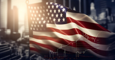 american flag, virtual financial graph, economy money, economic crisis America, stock charts, Crisis financial system, money concept, cryptocurrency trading concept