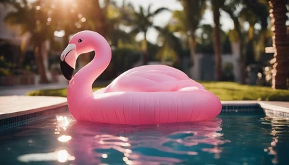 Selbstklebende Fototapeten inflatable pink flamingo floating in the pool © abu