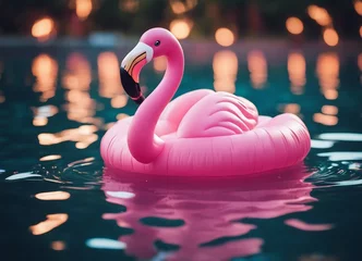 Fototapeten inflatable pink flamingo floating in the pool © abu