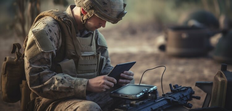 Strategic Analysis: Soldier Uses Tablet at Temporary Base. Generative ai