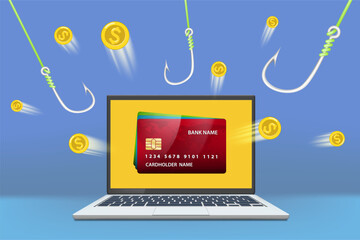 Fish hook scammers steal money from credit cards. Fraud theft of money from wallets. Stock vector illustration