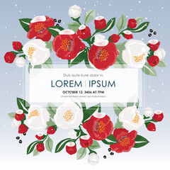 Vector Illustration of Floral Frame with Snowfall on Fully Bloomed Camellia Branches 