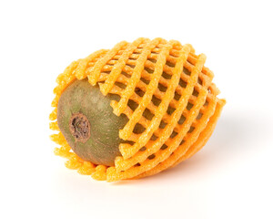 One kiwi in shipping package on white background. Red kiwi in soft packaging net, front view.