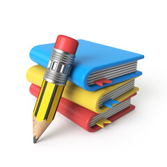 Three cartoon notebooks and pencil 3D