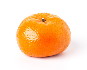 One bright orange tangerine on white background. Mandarin front view.