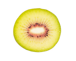 Round piece of red kiwi isolated on white background. Kiwi slice top view.