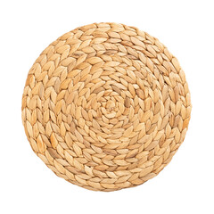 Round straw stand isolated on white background. Yellow wicker rug, top view.