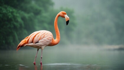 portrait of Flamingo standing at the river, foggy heavy foggy weather