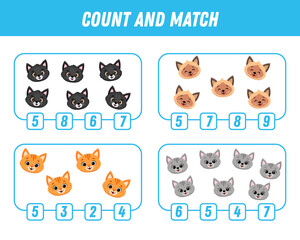 Education game for children count and match of cute cartoon cat, printable worksheet. Funny kitten.