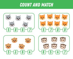 Education game for children count and match of cute cartoon forest animals, printable worksheet.
