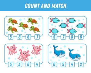 Education game for children count and match of cute cartoon underwater animal printable worksheet. 