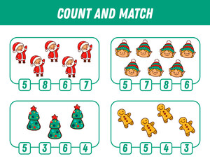 Education game for children count and match of winter elements, printable worksheet. Xmas. 
