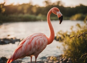 portrait of Flamingo standing at the river, summer time