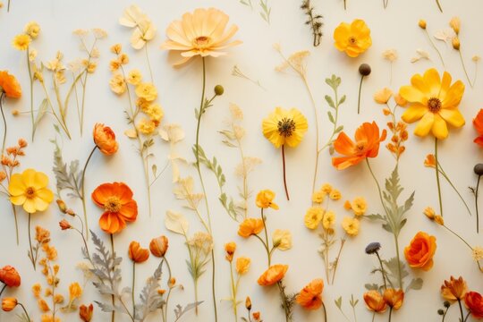 Beautiful assorted pressed orange and yellow flowers isolated on white
