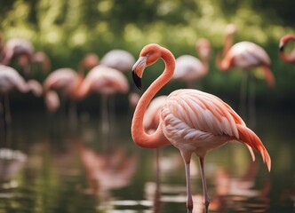 Obraz premium portrait of Flamingo standing at the river, summer time, other flamingos are blurry at background