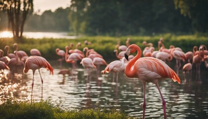 portrait of Flamingo standing at the river, summer time, other flamingos are blurry at background

