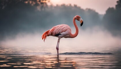 portrait of Flamingo standing at the river, foggy heavy foggy weather