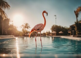 portrait of Flamingo standing in the pool, summer time, in front of sunlight
