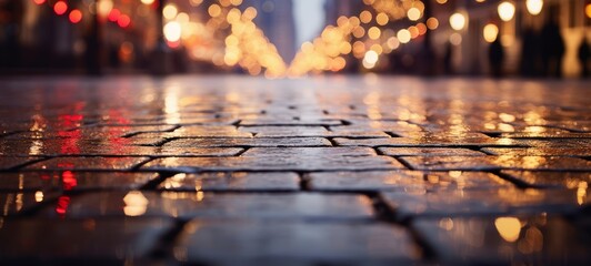 Defocused christmas market - Wet paving stones of a street after it rained at night, with bokeh lights and reflection
