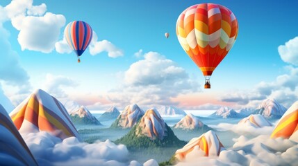 Hot air balloon flying over scenic mountain landscape with clouds