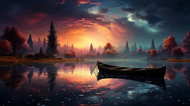 Digital painting of a boat on a lake under a starry night sky