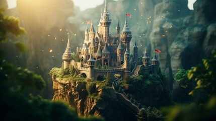 Fairytale scene of a castle on top of mountain