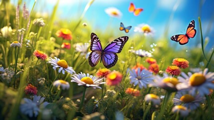 Blooming meadow with flowers and butterflies in summer