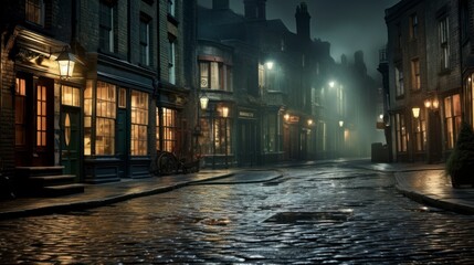 Victorian london on a foggy evening with gaslights and cobblestone street