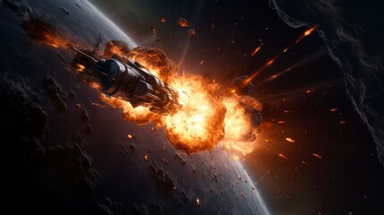 Spacecraft in space being destroyed near a planet - obrazy, fototapety, plakaty