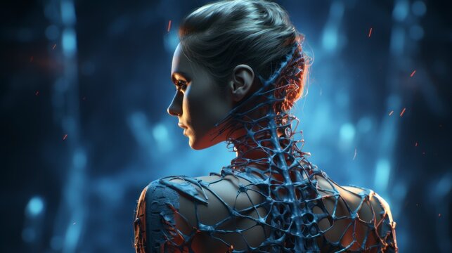 Cybernetic spine prosthesis on a woman to cure paraplegia