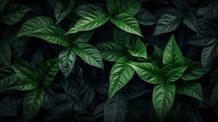 Fototapeta premium Green leaves floral jungle pattern on dark background