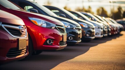 Row of cars for sale at dealership inventory - obrazy, fototapety, plakaty