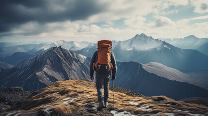 Hiker with backpack reaching mountain peak - obrazy, fototapety, plakaty