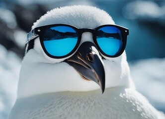 portrait of a cool penguin wearing blue mirrored sunglasses
