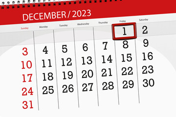 Calendar 2023, deadline, day, month, page, organizer, date, December, friday, number 1 - obrazy, fototapety, plakaty