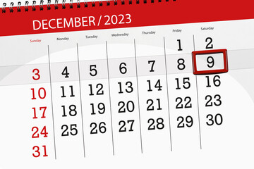 Calendar 2023, deadline, day, month, page, organizer, date, December, saturday, number 9