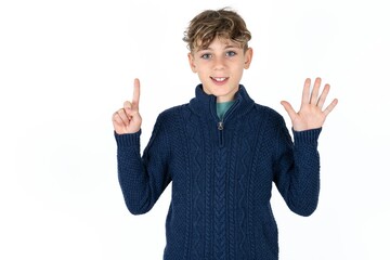 Caucasian teen boy showing and pointing up with fingers number six while smiling confident and happy.