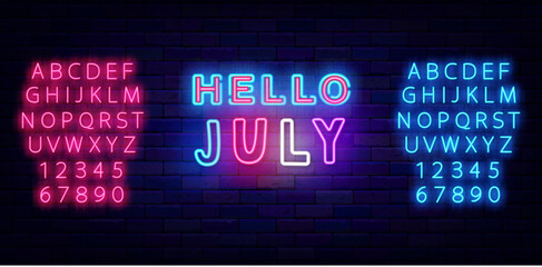 Hello July neon label. Colorful handwritten text. Summer greeting card. Shiny blue and pink font. Vector illustration