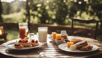 Summer outdoor breakfast table on patio. There is pancake, egg, orange juice, coffee, tea etc. - obrazy, fototapety, plakaty