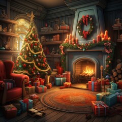 Illustrazione di una casa addobbata per Natale, camino acceso, atmosfera famigliare