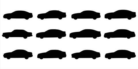 Set with 12 different silhouette types of lux sedan cars in vector, side view. Doodle collection.	