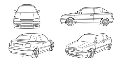 Set of coupe convertible sport car. Style of 80s, 90s. Different five view shot - front, rear, side and 3d. Outline doodle vector illustration	
