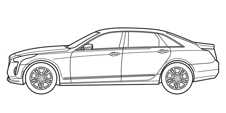 Classic business luxary american class sedan car. 4 door car on white background. Side view shot. Outline doodle vector illustration