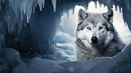 Husky emerging from an ancient, icy cave, its eyes telling stories of forgotten realms Ai Generative