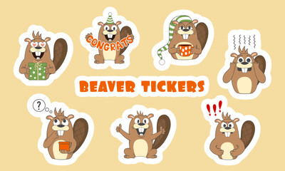 Vector set of stickers of cute cartoon beavers. Pictures for children's design, nursery, postcards, books, stickers, print for clothes, sticker.