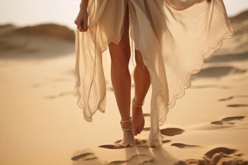 Close up of woman feet walking on the beach at sunset. Desert sand. Barefoot