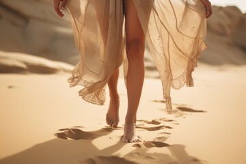 Close up of woman feet walking on the beach at sunset. Desert sand. Barefoot