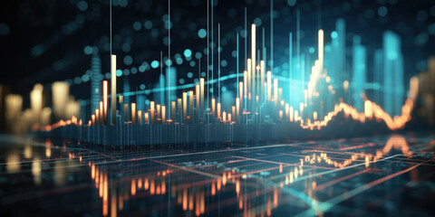 Perspective view of stock market growth, business investing and data concept with digital financial chart graphs, diagrams and indicators on dark blue blurry background - obrazy, fototapety, plakaty