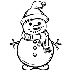 Christmas snowman with hat Svg file, black and white, outline art, coloring book.