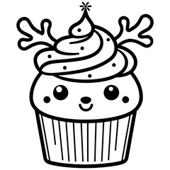 line art of a cute Christmas deer cupcake , Svg file, black and white, outline art, coloring book.